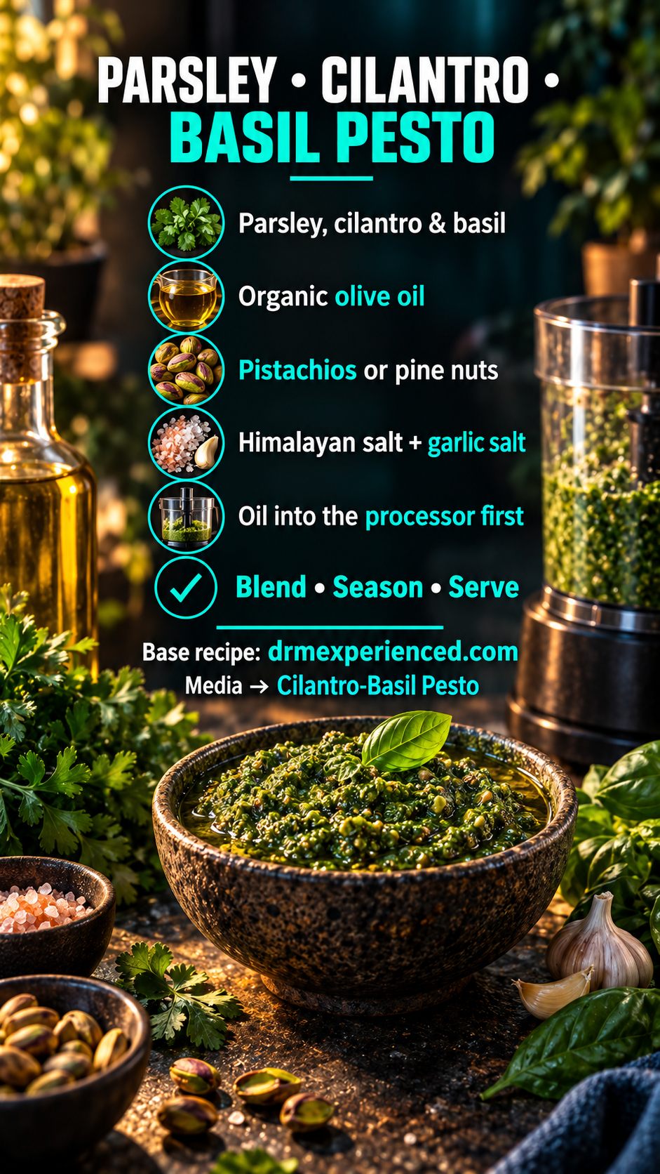 Parsley-cilantro-basil pesto: herbs; organic olive oil; pistachios or pine nuts; Himalayan salt and garlic salt; oil first; blend, season, serve. Link to existing base recipe via website Media.