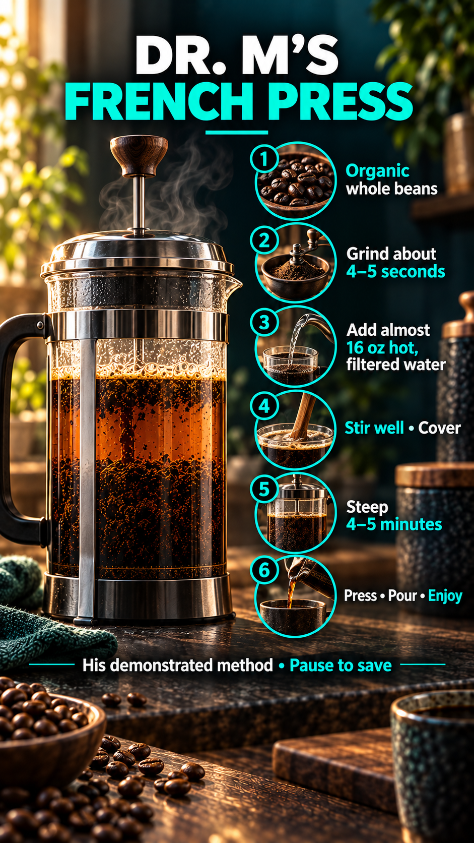 His demonstrated French press method: organic whole beans, grind4–5seconds, almost16oz hotfilteredwater, stir/cover, steep4–5minutes, press/pour.